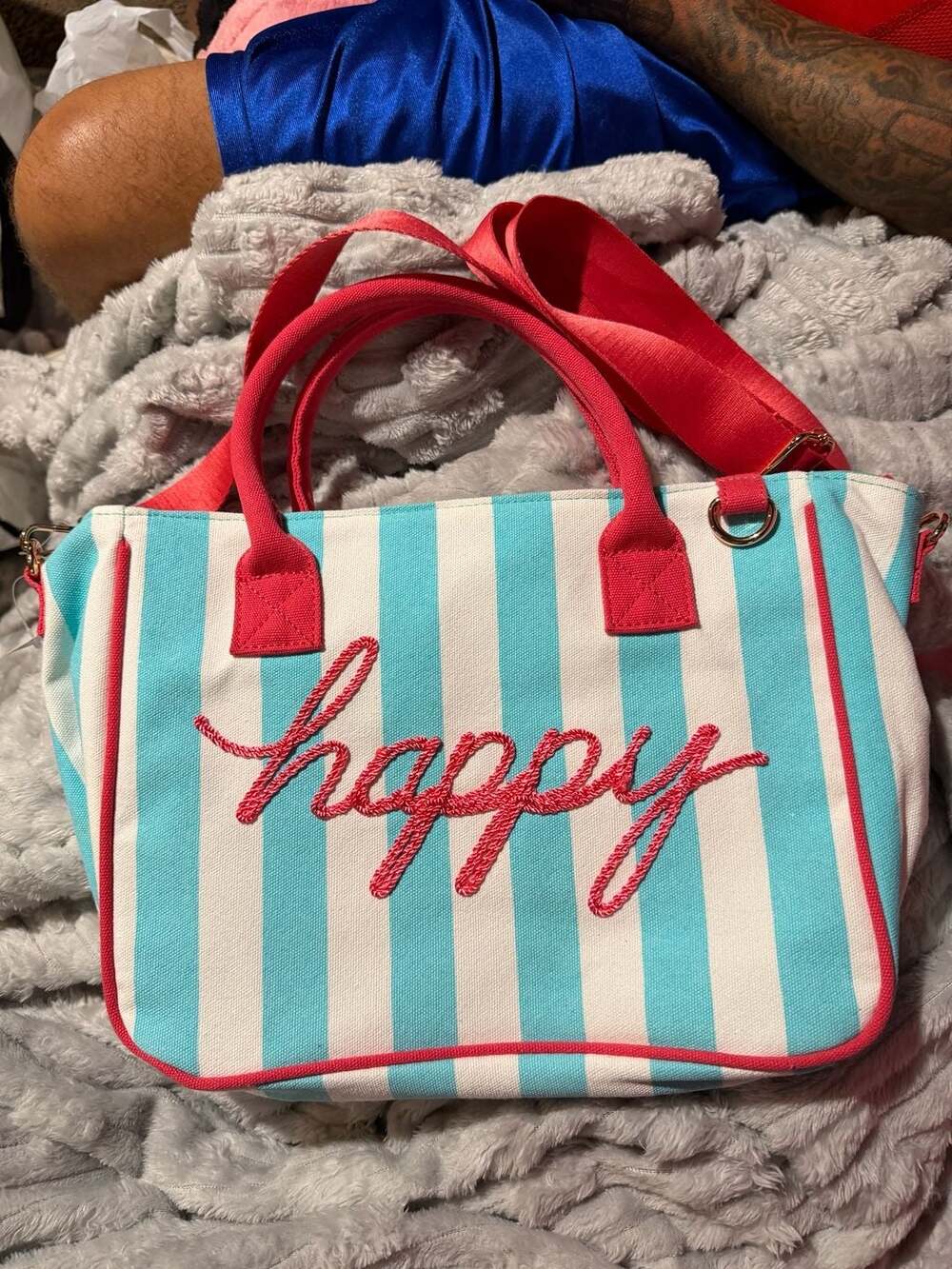 Claire's Happy Striped Canvas Tote Bag Blue White Red